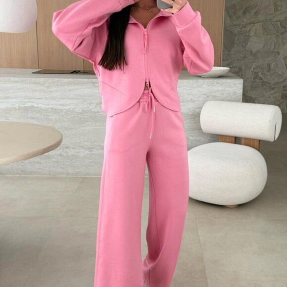 B314 Pink Solid Zip Up Hoodie and Drawstring Loose Pants Set - Picture 7 of 8